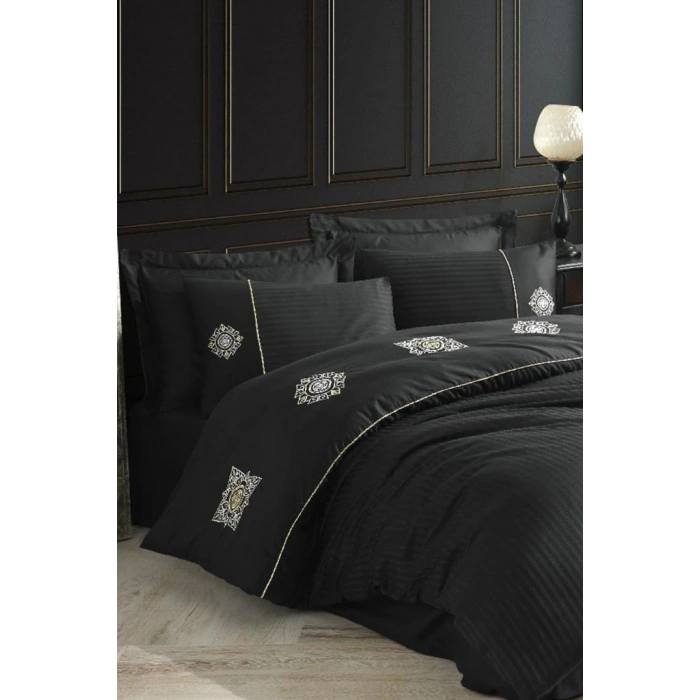 Elegant Nakışlı Pamuk Saten Çift Kişilik Nev Takımı Zeugma Siyah