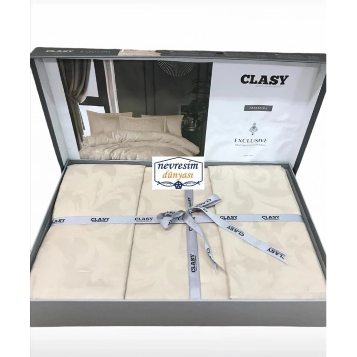 Exclusive Jakarlı Çift Kişilik Pamuk Saten Nev Takımı Pavaya v2 Krem