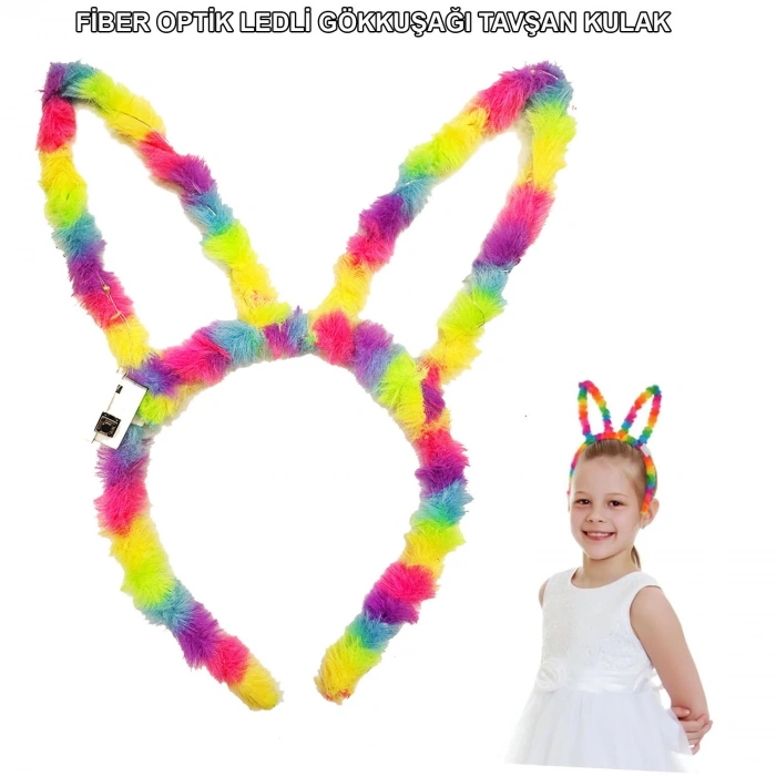 Fiber Optik LED&#39;li Gökkuşağı Tavşan Kulak 17x23 cm