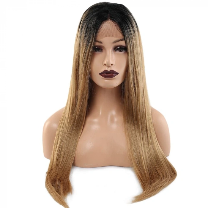 Fiber Sentetik Düz Uzun Tül Peruk / Siyah Karamel Uzun Ombreli