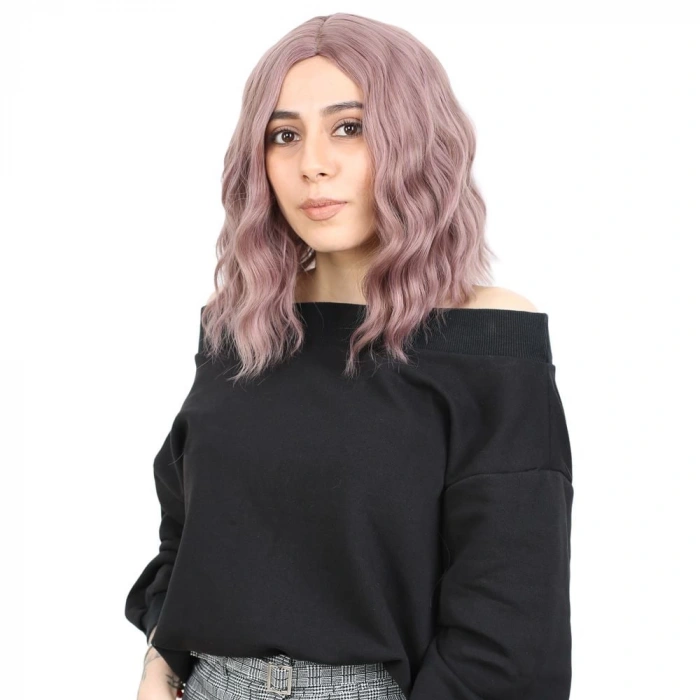 Fiber Sentetik Kısa Dalgalı Perçemsiz Peruk / Gül Kurusu