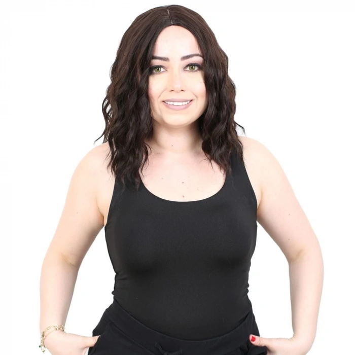 Fiber Sentetik Kısa Dalgalı Perçemsiz Peruk / Koyu Kahve