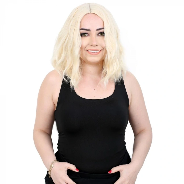 Fiber Sentetik Kısa Dalgalı Perçemsiz Peruk / Platin