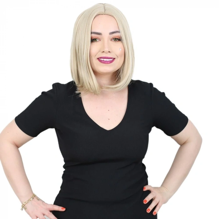 Fiber Sentetik Peruk Perçemsiz Kısa Düz / Balköpüğü / Platin Röfleli