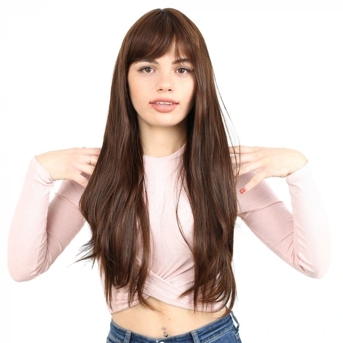 Fiber Sentetik Uzun Düz Kahküllü Peruk / Kahve  Karamel