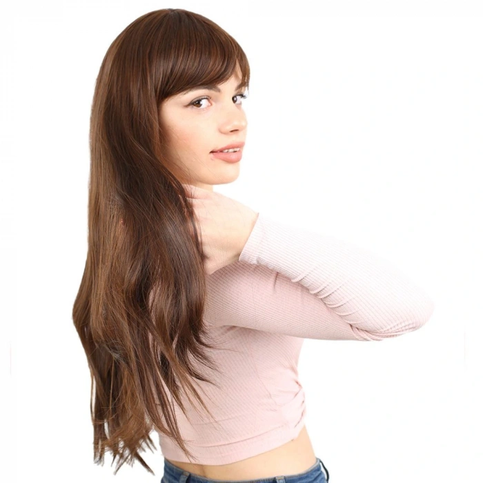 Fiber Sentetik Uzun Düz Kahküllü Peruk / Kahve  Karamel