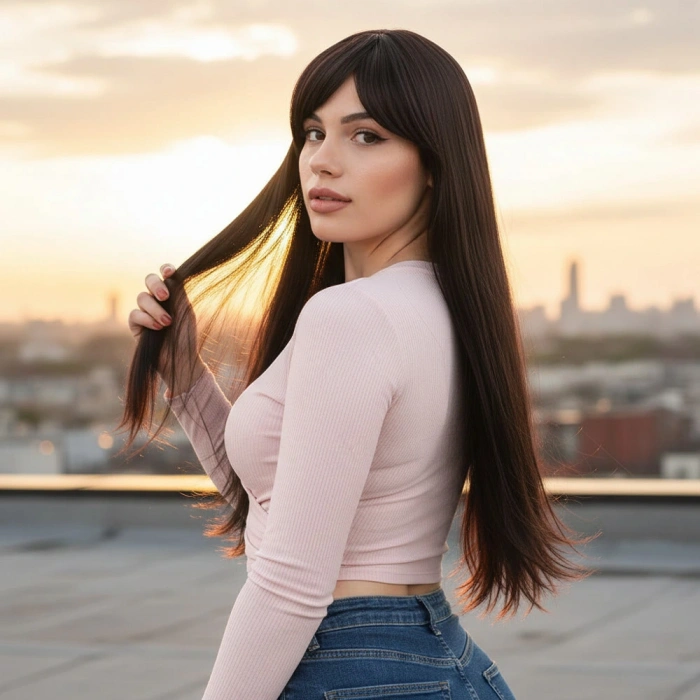 Fiber Sentetik Uzun Düz Kahküllü Peruk / Kahverengi