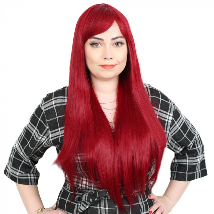 Fiber Sentetik Uzun Düz Kahküllü Peruk / Kızıl