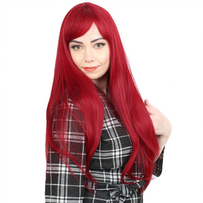 Fiber Sentetik Uzun Düz Kahküllü Peruk / Kızıl