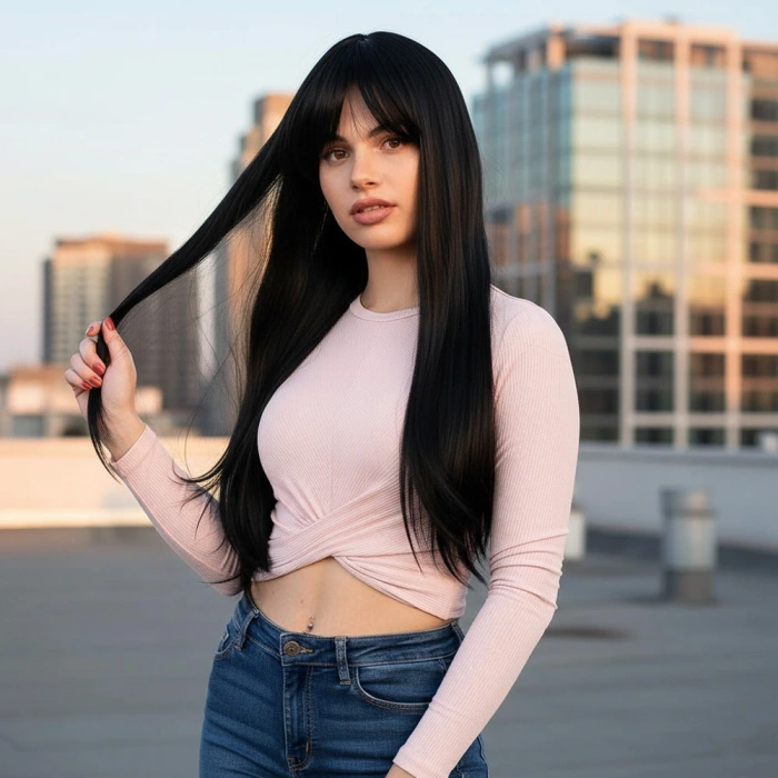 Fiber Sentetik Uzun Düz Kahküllü  Peruk / Siyah