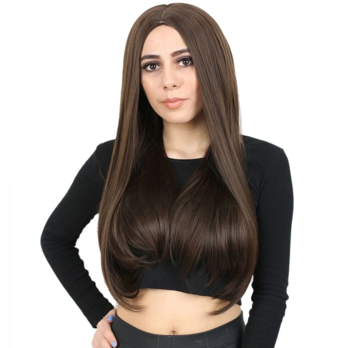 Fiber Sentetik Uzun Düz Peruk / Açık Kahve