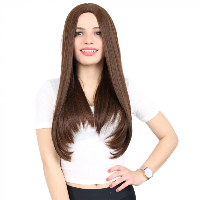 Fiber Sentetik Uzun Düz Peruk / Kahve Karamel