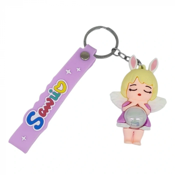 Figürlü ve Işıklı Silikon Anahtarlık -  Kız Figür - Mor