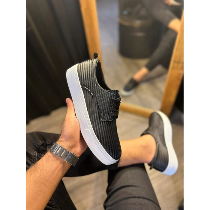 Fitilli Desenli Günlük Ayakkabı  Siyah (Beyaz Taban)