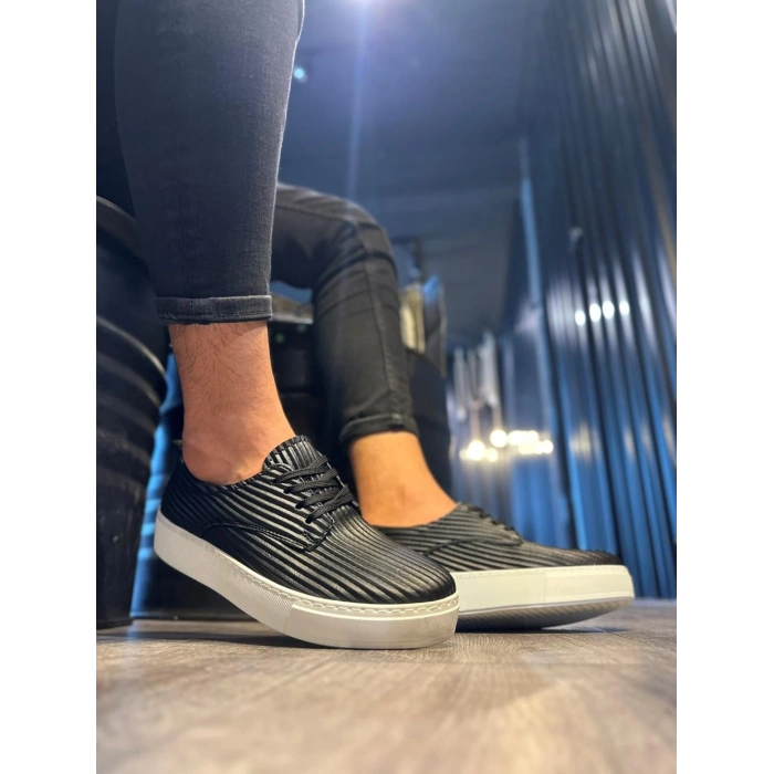 Fitilli Desenli Günlük Ayakkabı  Siyah (Beyaz Taban)