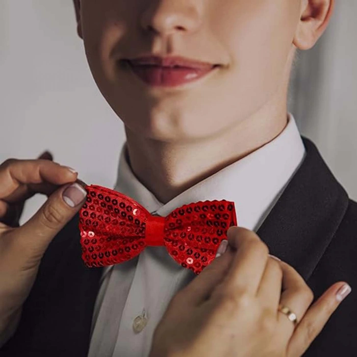 Gece Işıltısı Kırmızı Payetli Pullu Papyon 7x2 cm