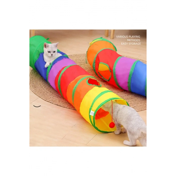 Gökkuşağı Desenli Kedi Oyun Tüneli, Katlanabilir 125 cm