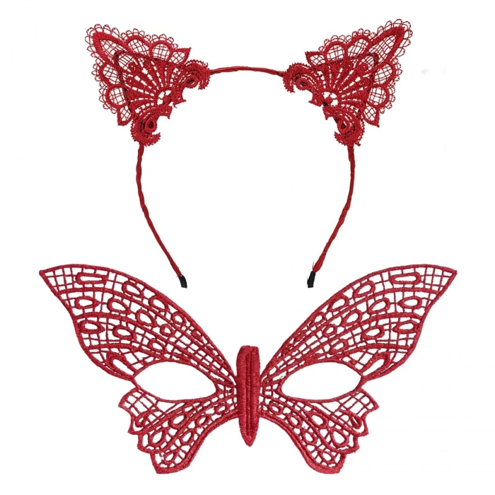 Gösterişli Kırmızı Dantel Maske ve Taç Seti 7 No – Masquerade ve Davetler için