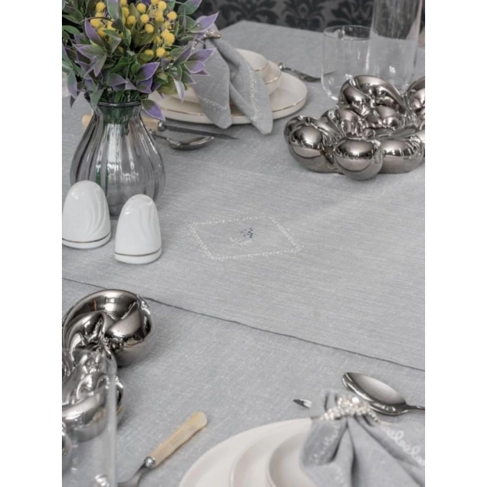 Gri 8 Parça Keten Masa Örtüsü