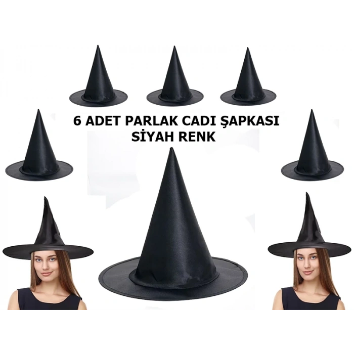 Halloween Siyah Renk Parlak Drn Cadı Şapkası Yetişkin ve Çocuk Uyumlu 6 Adet
