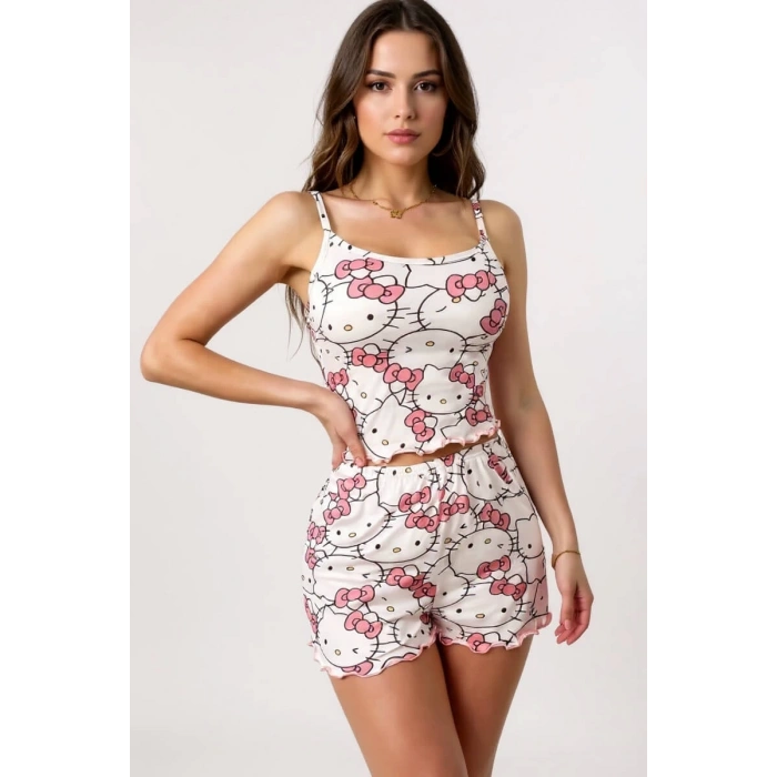 Hello Kitty Baskılı Askılı Şortlu Pijama