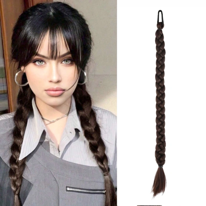 İkili Örgü Lastik Tokalı At Kuyruğu / Kahve Karamel