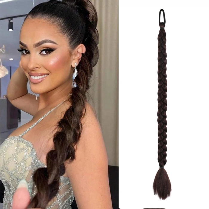 İkili Örgü Lastik Tokalı At Kuyruğu / Kahverengi