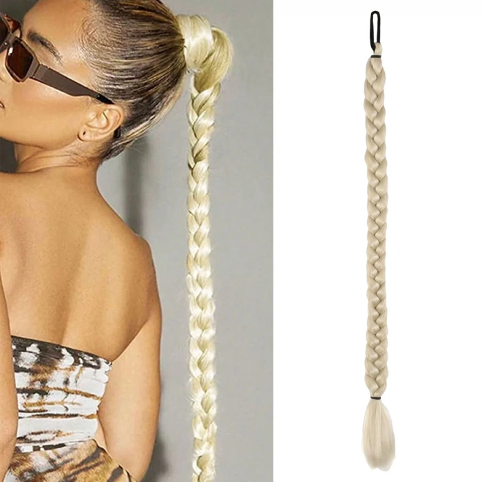 İkili Örgü Lastik Tokalı At Kuyruğu / Platin