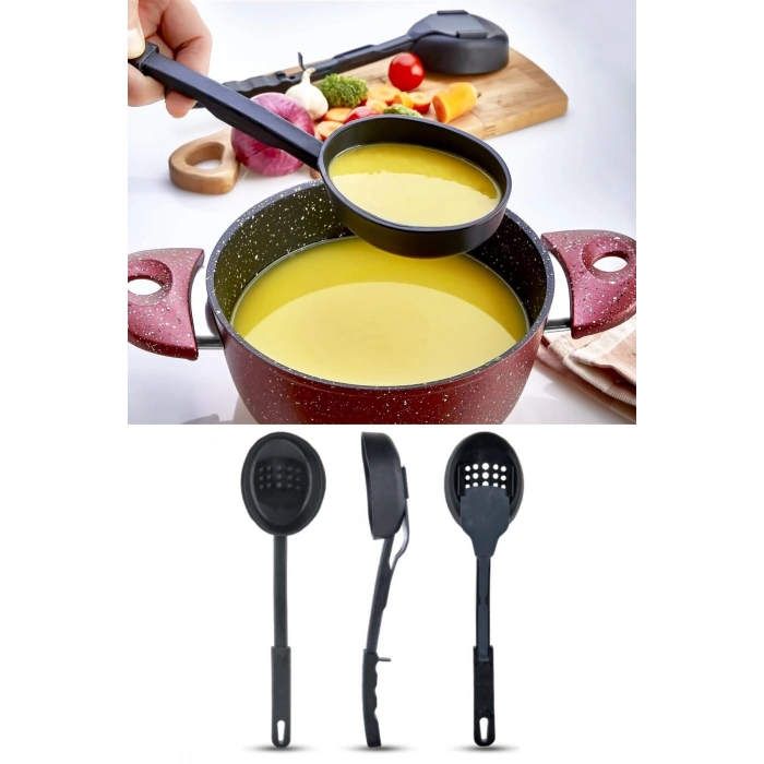 Isıya Dalı 3 in 1 Servis Kepçesi - Kepçe Kevgir Kaşık 3&#39;ü Bir Arada Servis Seti