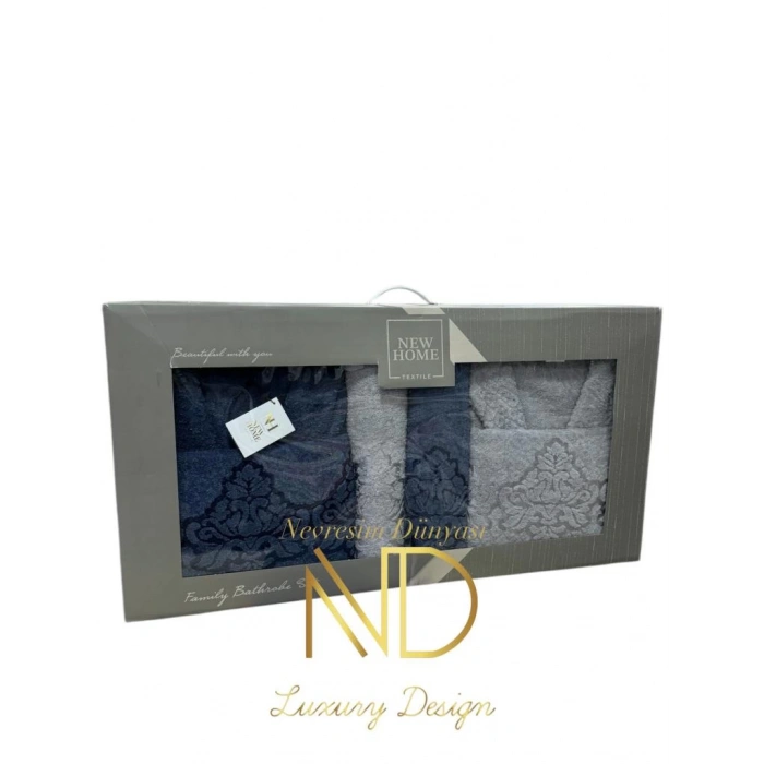 Jakarlı Bornoz Seti Lacivert Gri