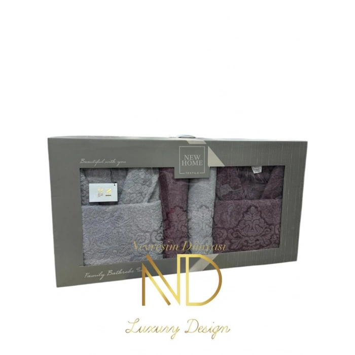 Jakarlı Bornoz Seti Mürdüm Gri