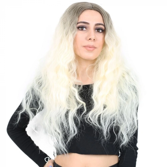 Kabarık Dalgalı Uzun Fiber Sentetik Peruk / Küllü Açık Kahve / Platin Ombreli