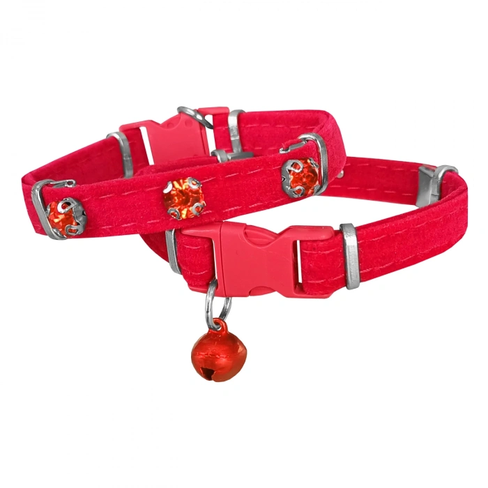 Kadife Kedi Boyun Tasması Taşlı 20-32 cm Kırmızı