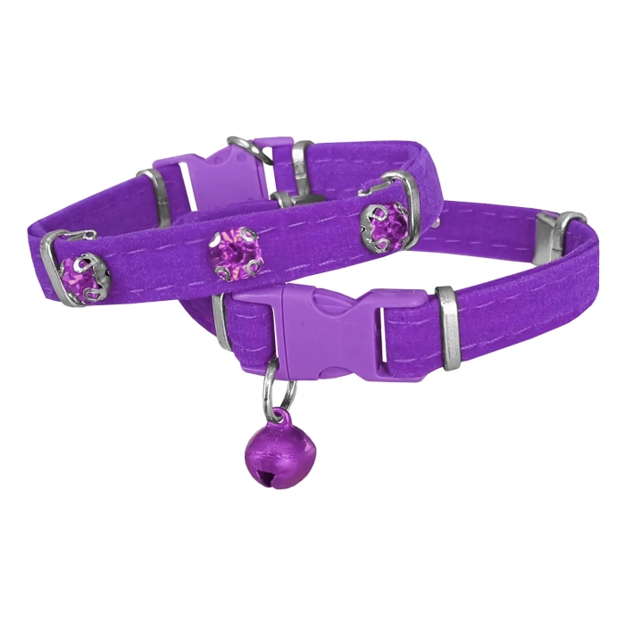 Kadife Kedi Boyun Tasması Taşlı 20-32 cm Mor