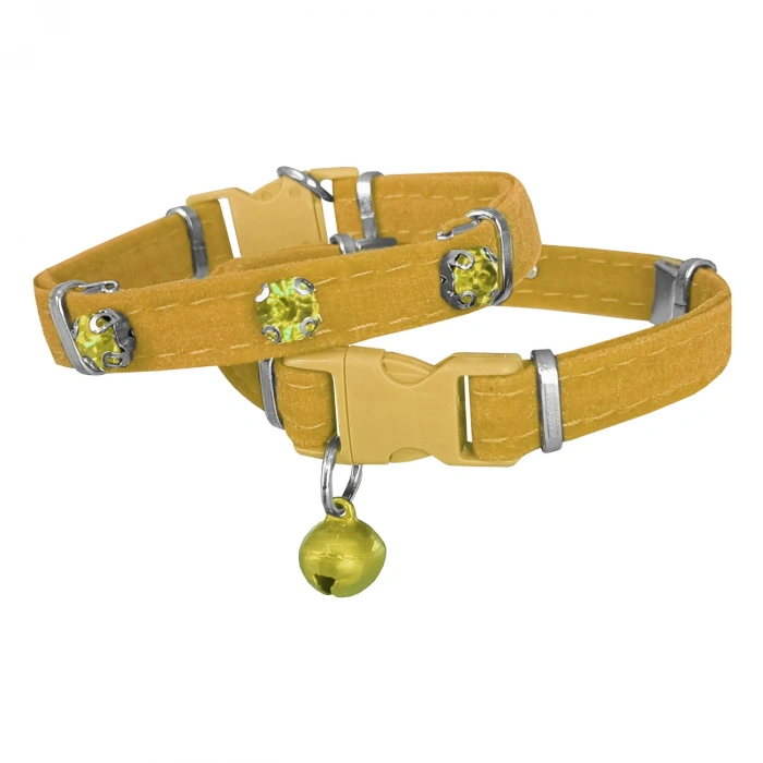 Kadife Kedi Boyun Tasması Taşlı 20-32 cm Sarı