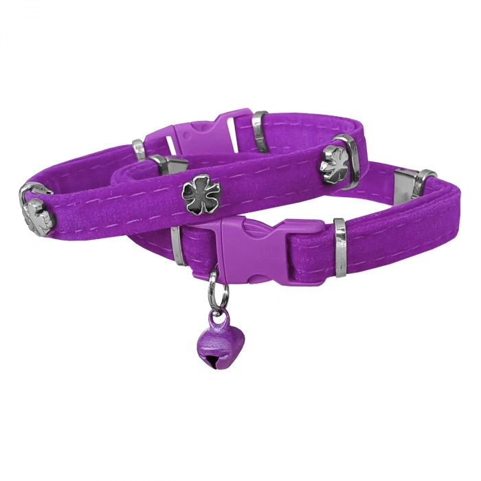 Kadife Kedi Boyun Tasması Yoncalı 20-32 cm Mor