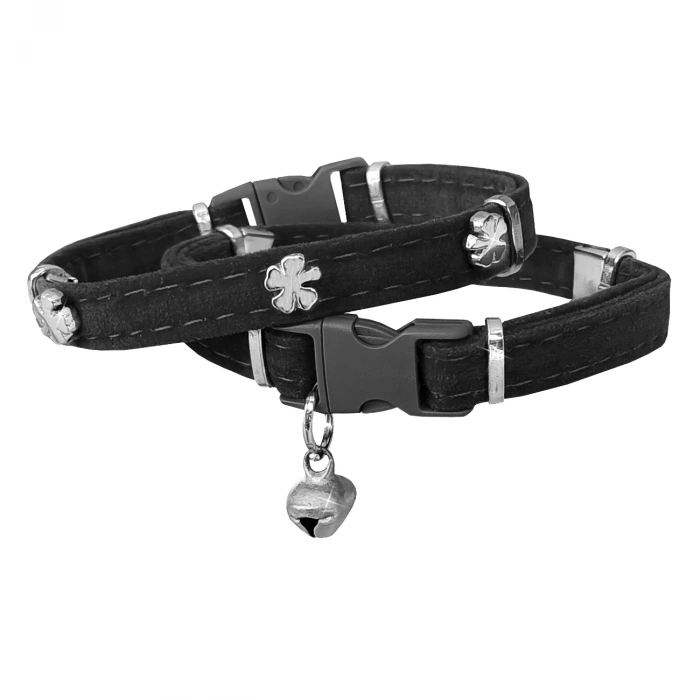 Kadife Kedi Boyun Tasması Yoncalı 20-32 cm Siyah