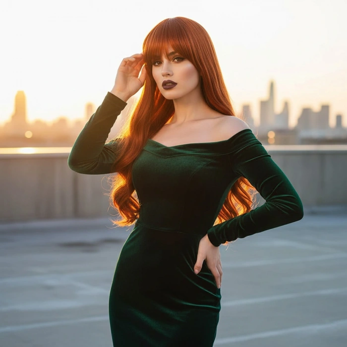 Kahküllü Uzun Dalgalı Fiber Sentetik Peruk / Bakır