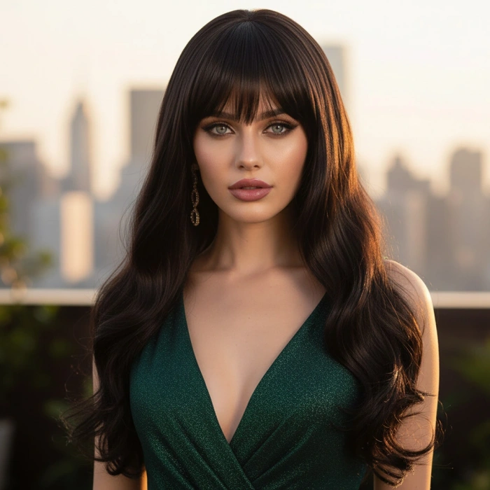 Kahküllü Uzun Dalgalı Fiber Sentetik Peruk / Kahverengi