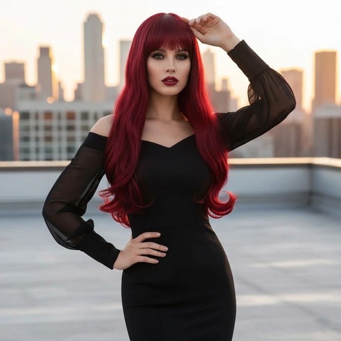 Kahküllü Uzun Dalgalı Fiber Sentetik Peruk / Kızıl