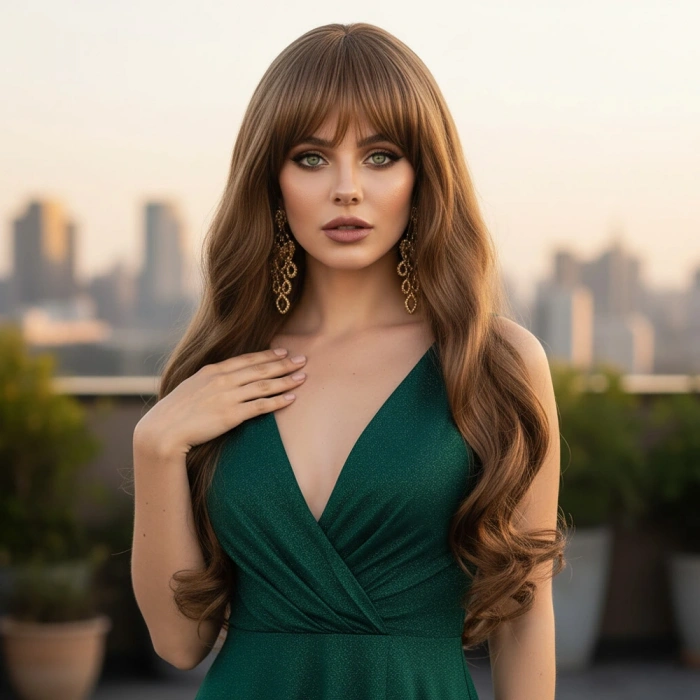 Kahküllü Uzun Dalgalı Fiber Sentetik Peruk / Kumral