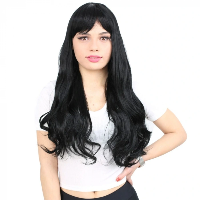 Kahküllü Uzun Dalgalı Fiber Sentetik Peruk / Siyah