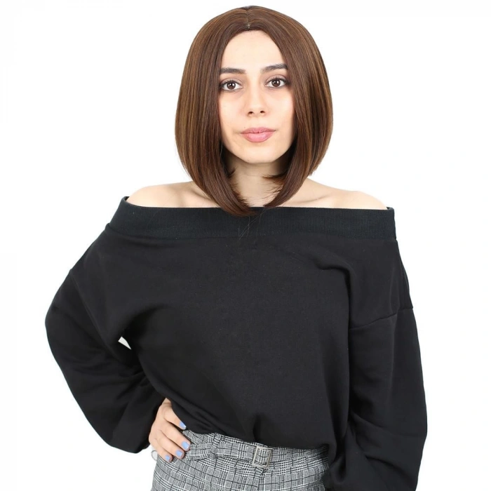 Kahkülsüz Düz Kısa Fiber Sentetik Peruk / Kahve Karamel