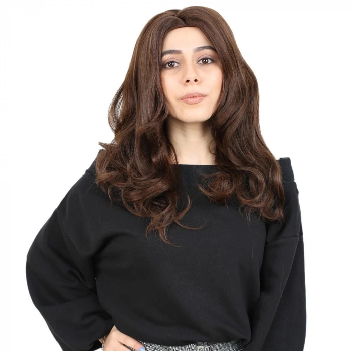 Kahkülsüz Fiber Sentetik Orta Boy Dalgalı Peruk / Kahve Karamel