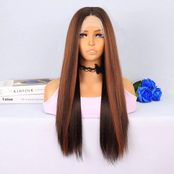 Kahverengi / Bakır Röfleli Tül Peruk