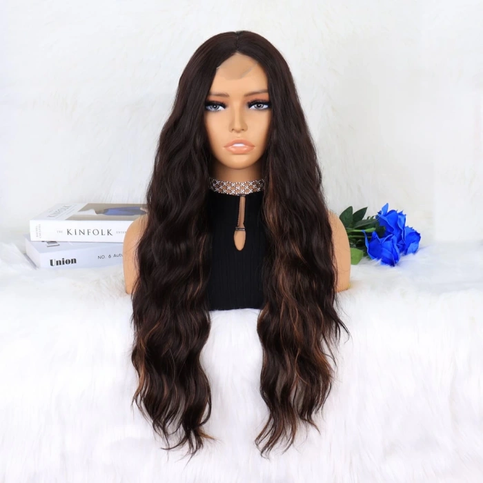 Kahverengi Karamel Işıltılı Su Dalgalı Fiber Sentetik Tül Peruk