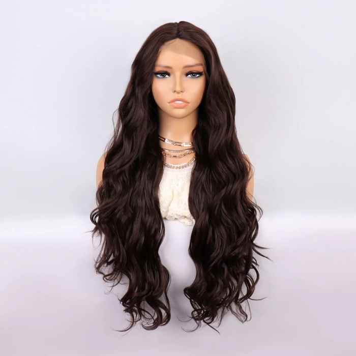 Kahverengi Uzun Dalgalı  Fiber Sentetik Tül Peruk