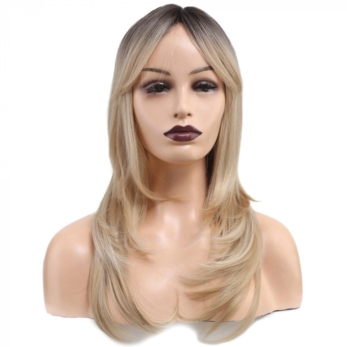 Katlı Kesim Perçemli Düz Fiber Sentetik Orta Boy Peruk / Kahve / Platin Ombre ve Röfleli