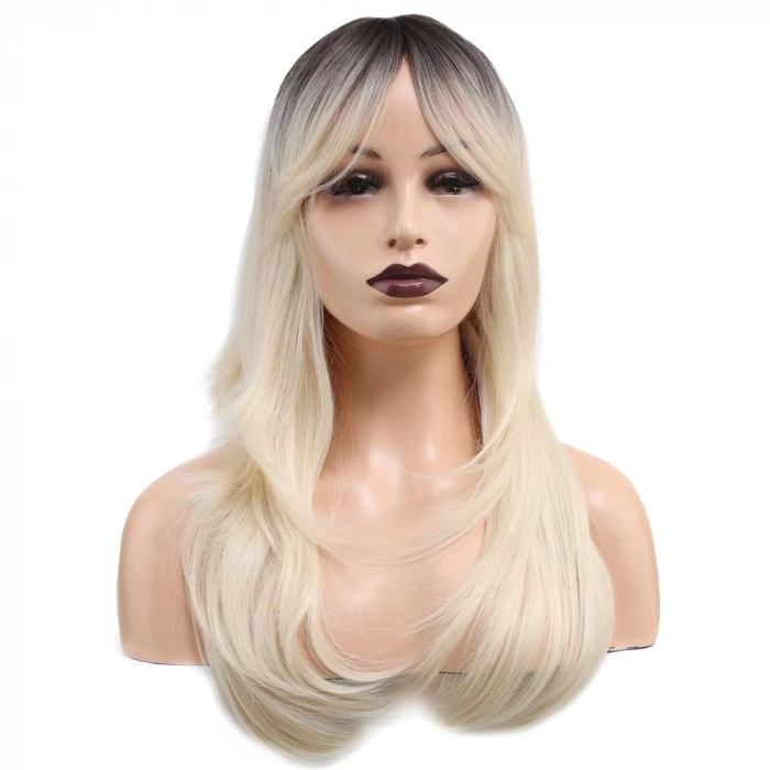 Katlı Kesim Perçemli Düz Fiber Sentetik Orta Boy Peruk / Kahve / Platin Ombreli