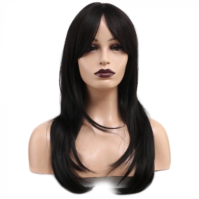 Katlı Kesim Perçemli Düz Fiber Sentetik Orta Boy Peruk / Koyu Kestane